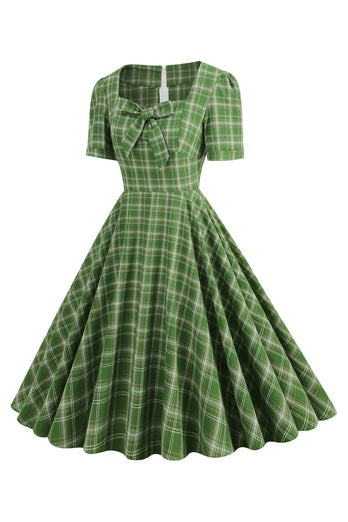 Grünes Bowknot Kurzarm Kariertes Vintage Kleid aus den 1950er Jahren