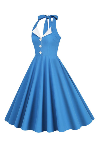 Neckholder Gelbes A-Linie Kleid mit Falten im Vintage Stil