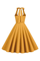 Laden Sie das Bild in den Galerie-Viewer, Neckholder Gelbes A-Linie Kleid mit Falten im Vintage Stil