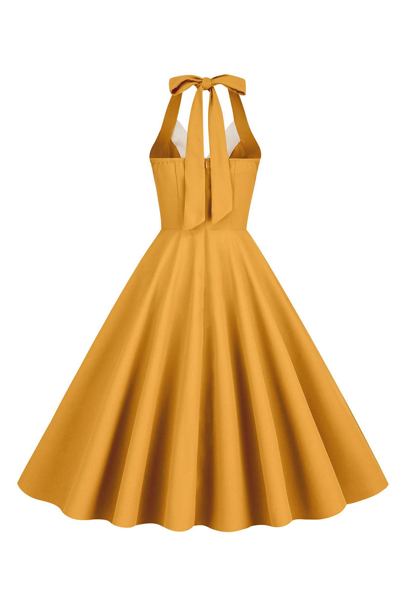 Laden Sie das Bild in den Galerie-Viewer, Neckholder Gelbes A-Linie Kleid mit Falten im Vintage Stil