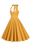Laden Sie das Bild in den Galerie-Viewer, Neckholder Gelbes A-Linie Kleid mit Falten im Vintage Stil