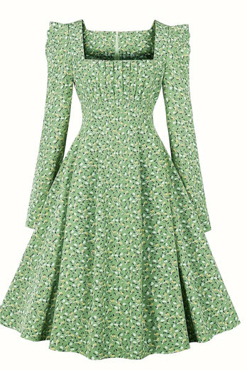 A Linie Grünes Vintage Kleid mit quadratischem Ausschnitt und langen Ärmeln