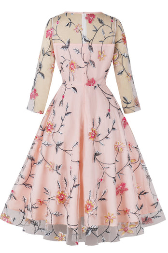 Blush A-Linie Rundhalsausschnitt Blumen bedruckt 1950er Jahre Kleid mit Ärmeln