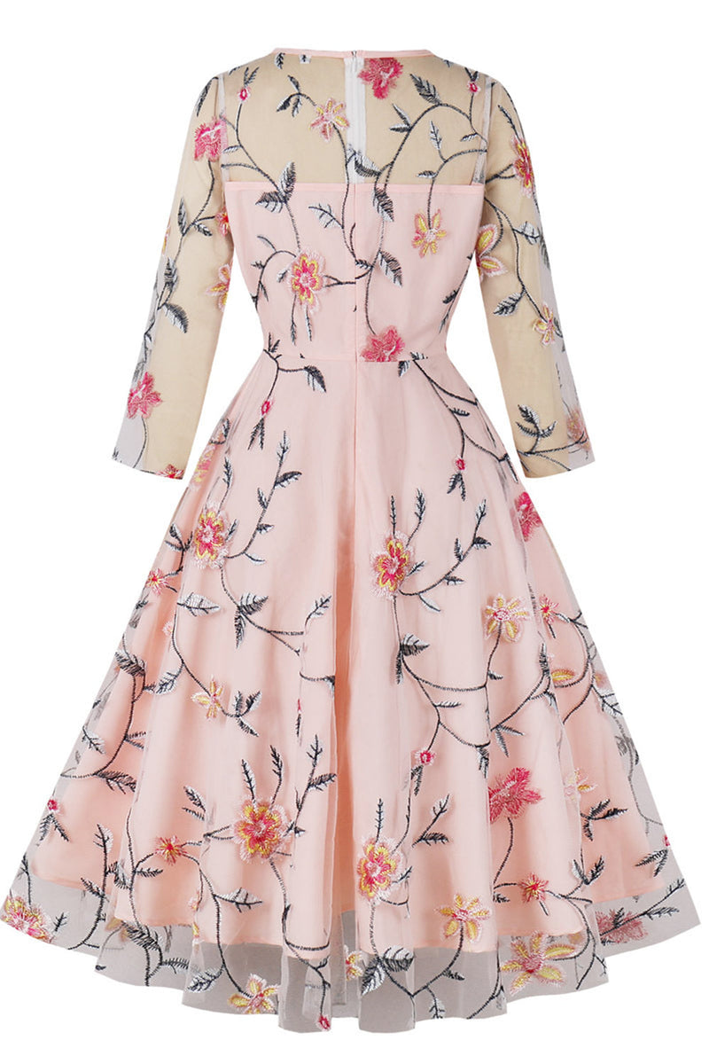Laden Sie das Bild in den Galerie-Viewer, Blush A-Linie Rundhalsausschnitt Blumen bedruckt 1950er Jahre Kleid mit Ärmeln