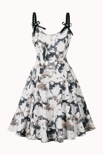 Schwarzes A-Linie Pin Up Vintage Kleid mit Katzenmuster