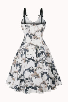 Schwarzes A-Linie Pin Up Vintage Kleid mit Katzenmuster
