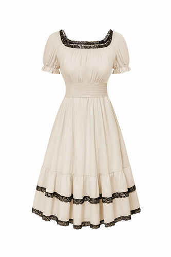 Aprikose A-Linie Vintage Kleid mit quadratischem Ausschnitt und kurzen Ärmeln