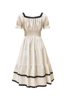 Aprikose A-Linie Vintage Kleid mit quadratischem Ausschnitt und kurzen Ärmeln