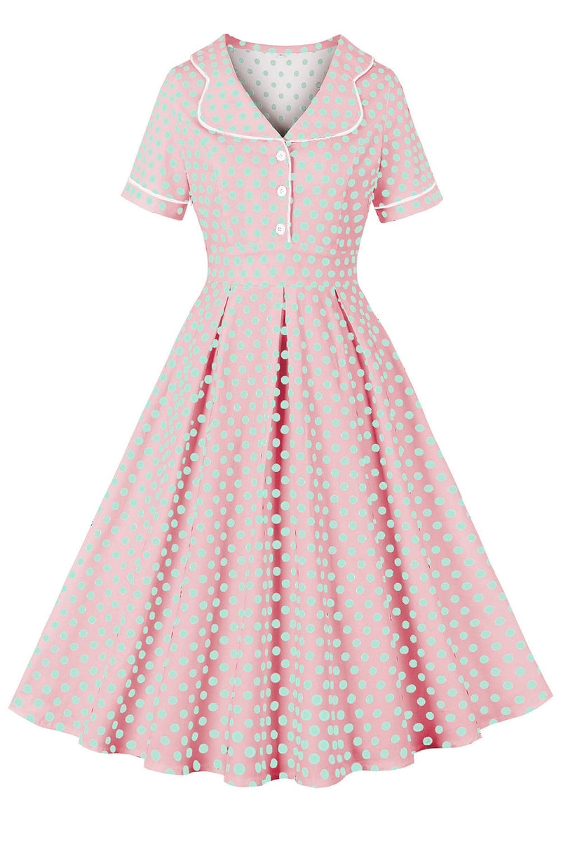 Laden Sie das Bild in den Galerie-Viewer, Revers Rosa Polka Dots Vintage Kleid mit kurzen Ärmeln