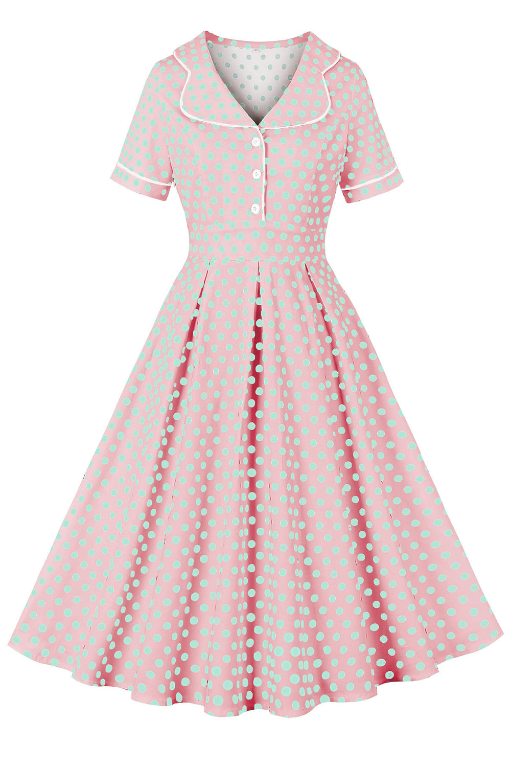 Revers Rosa Polka Dots Vintage Kleid mit kurzen Ärmeln