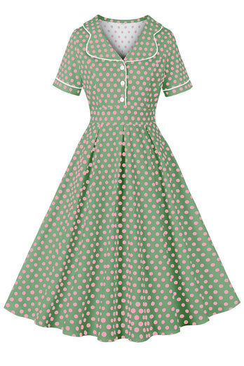 Rosa Grünes Reverskragen Polka Dots Vintage Kleid mit kurzen Ärmeln