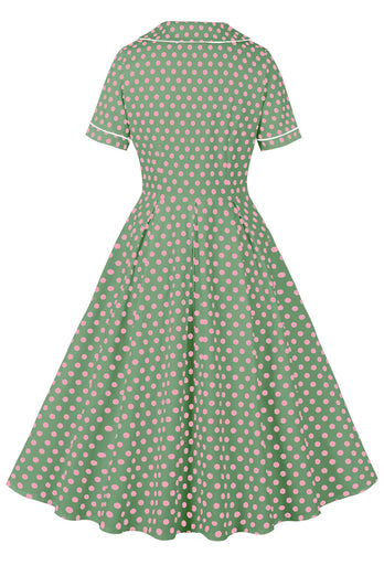 Rosa Grünes Reverskragen Polka Dots Vintage Kleid mit kurzen Ärmeln