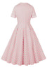 Laden Sie das Bild in den Galerie-Viewer, Revers Rosa Polka Dots Vintage Kleid mit kurzen Ärmeln