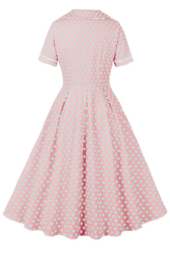 Revers Rosa Polka Dots Vintage Kleid mit kurzen Ärmeln