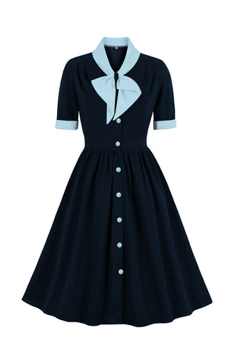 A-Linie Marineblaues Retro Vintage Kleid mit kurzen Ärmeln