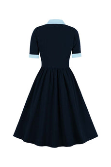 A-Linie Marineblaues Retro Vintage Kleid mit kurzen Ärmeln