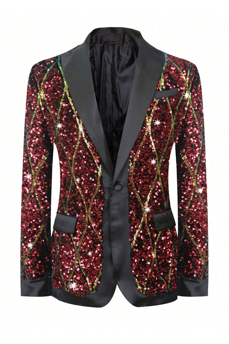 Laden Sie das Bild in den Galerie-Viewer, Glitzernder roter Paillettenschal Schal Revers Herren Party Blazer