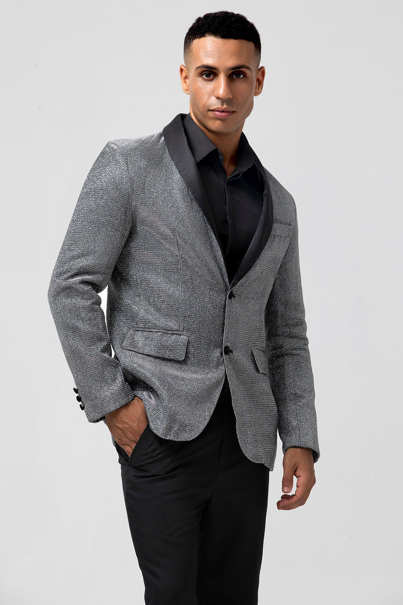 Laden Sie das Bild in den Galerie-Viewer, Glitzernder grauer Schal Revers Slim-Fit Herren Ballblazer