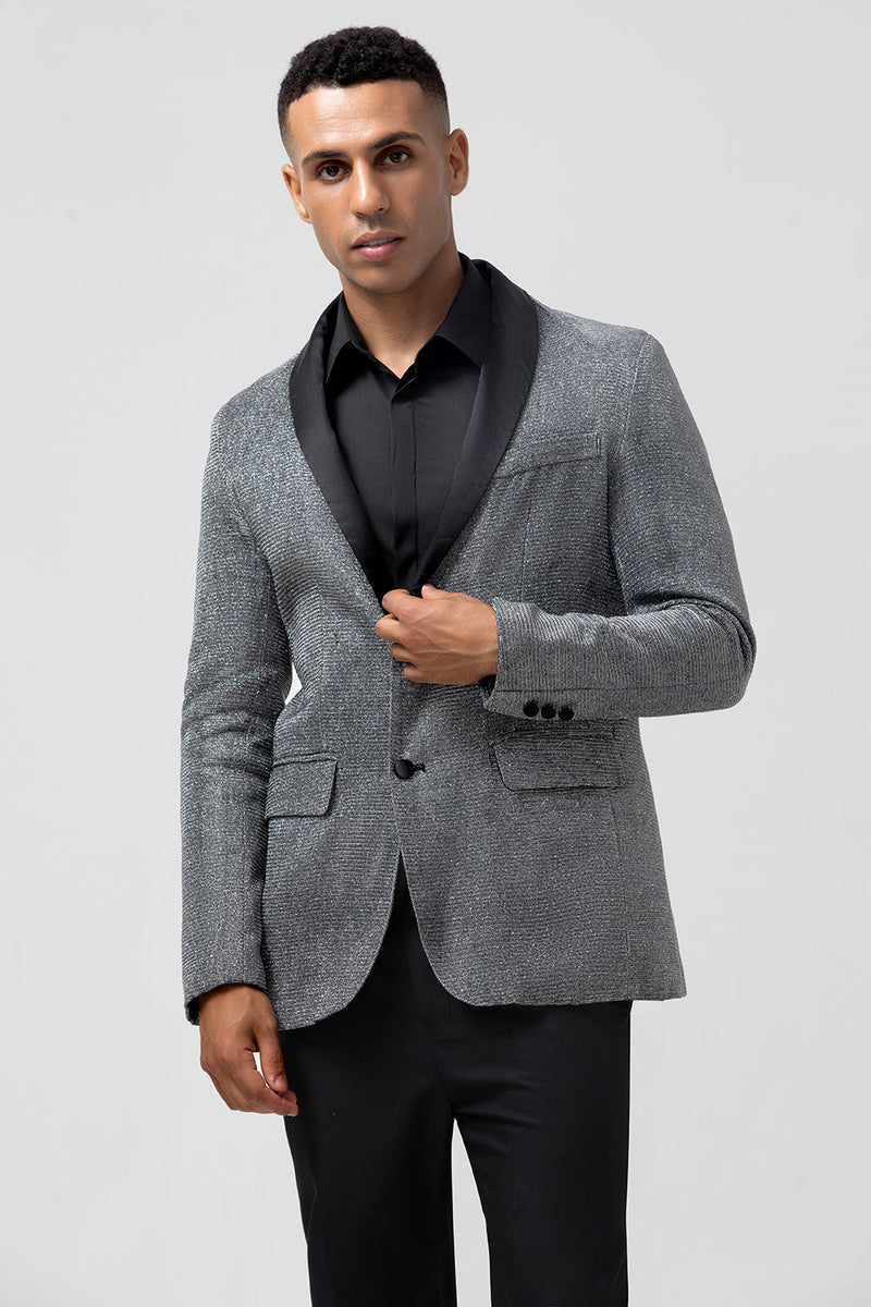 Laden Sie das Bild in den Galerie-Viewer, Glitzernder grauer Schal Revers Slim-Fit Herren Ballblazer