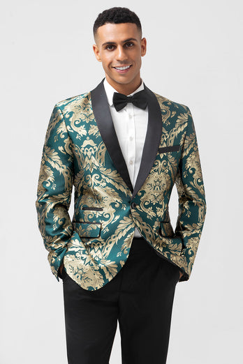 Dunkelgrüner Jacquard Blazer für Herren mit einem Knopf und Schalrevers