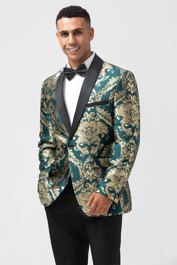 Dunkelgrüner Jacquard Blazer für Herren mit einem Knopf und Schalrevers