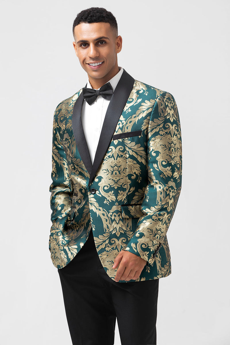 Laden Sie das Bild in den Galerie-Viewer, Dunkelgrüner Jacquard Blazer für Herren mit einem Knopf und Schalrevers