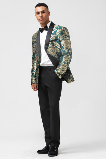 Dunkelgrüner Jacquard Blazer für Herren mit einem Knopf und Schalrevers