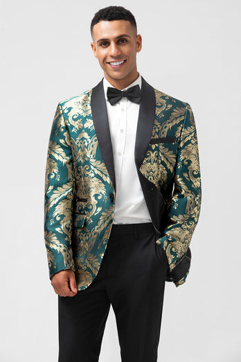 Dunkelgrüner Jacquard Blazer für Herren mit einem Knopf und Schalrevers