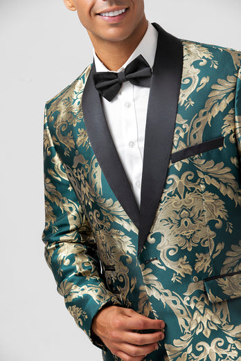 Dunkelgrüner Jacquard Blazer für Herren mit einem Knopf und Schalrevers