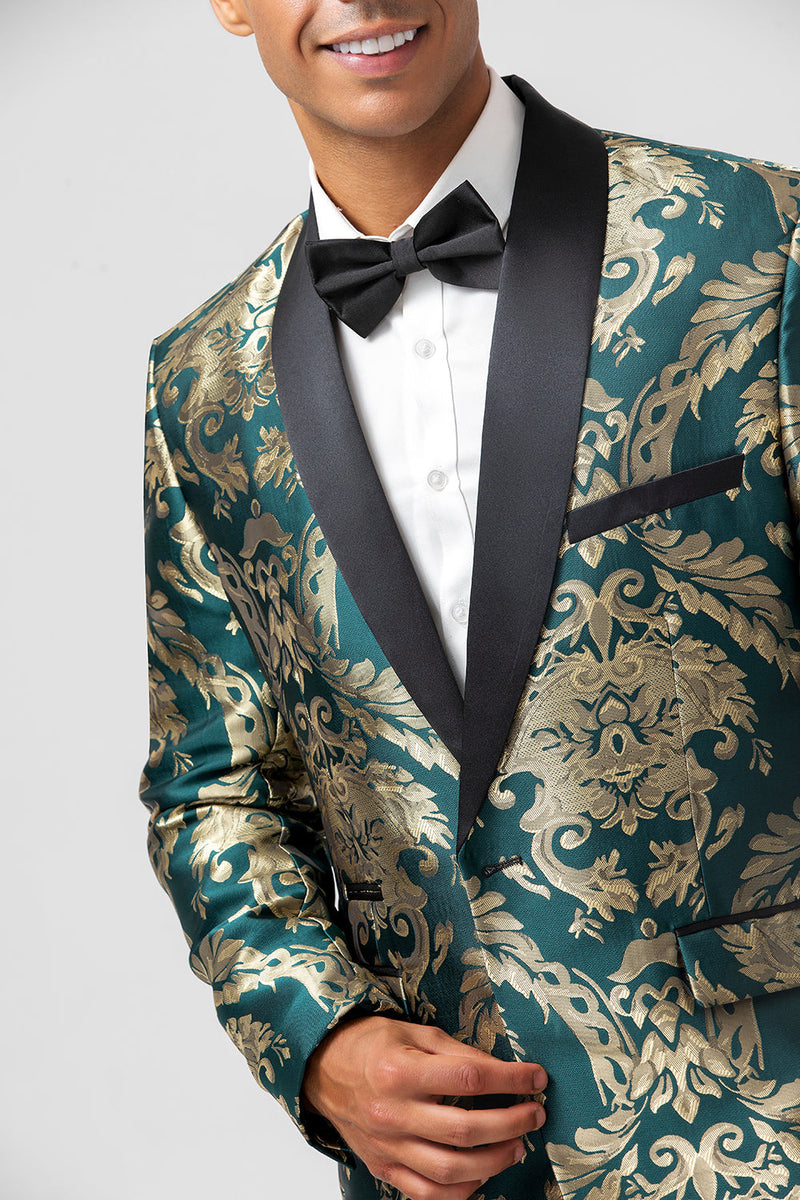 Laden Sie das Bild in den Galerie-Viewer, Dunkelgrüner Jacquard Blazer für Herren mit einem Knopf und Schalrevers