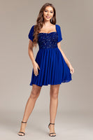 Laden Sie das Bild in den Galerie-Viewer, Glitzerndes königsblaues Pailletten Kurzes Cocktailkleid