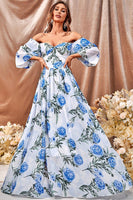 Laden Sie das Bild in den Galerie-Viewer, Weißes blaues Blumen A-Linie Ballkleid mit Rüschenärmeln