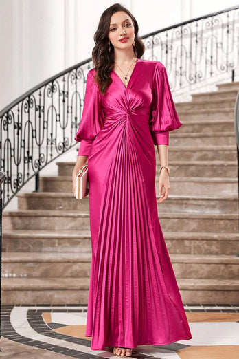 Fuchsia Plissee langes Ballkleid mit Laternenärmeln