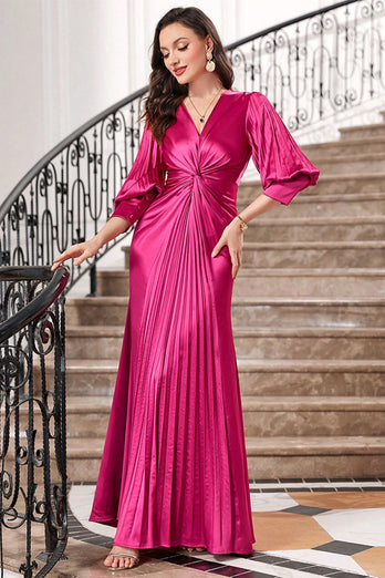 Fuchsia Plissee langes Ballkleid mit Laternenärmeln