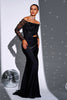 Laden Sie das Bild in den Galerie-Viewer, Schwarzes ausgeschnittenes Mermaid Schulterfreies Applikationen Langärmeliges Ballkleid mit Schlitz