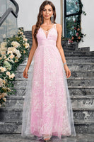 Laden Sie das Bild in den Galerie-Viewer, Glitzerndes rosa A-Linie Ballkleid mit V-Ausschnitt