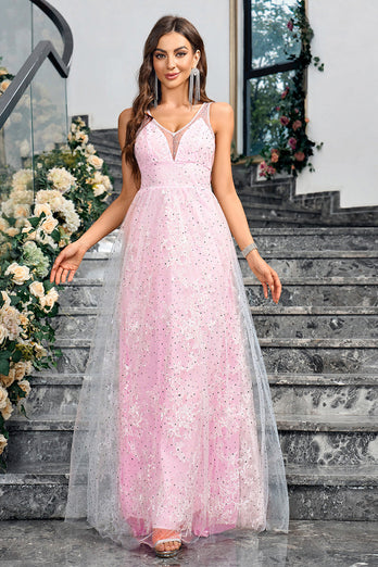 Glitzerndes rosa A-Linie Ballkleid mit V-Ausschnitt