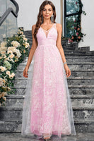Laden Sie das Bild in den Galerie-Viewer, Glitzerndes rosa A-Linie Ballkleid mit V-Ausschnitt