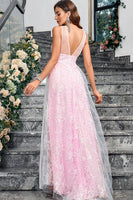 Laden Sie das Bild in den Galerie-Viewer, Glitzerndes rosa A-Linie Ballkleid mit V-Ausschnitt