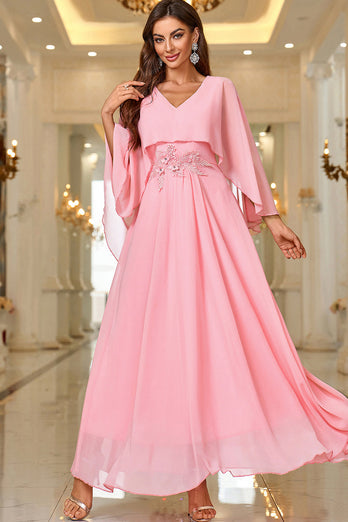 Elegantes A-Linie langes formelles rosa Kleid mit V-Ausschnitt und Schalärmeln