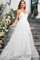 Laden Sie das Bild in den Galerie-Viewer, Weißes A-Linie V-Ausschnitt Weißes Partykleid aus Tüll mit  Schlitz