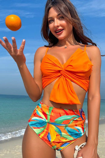 Orange Strand Tropischer Pflanzendruck Vorne Knoten Bikini Set