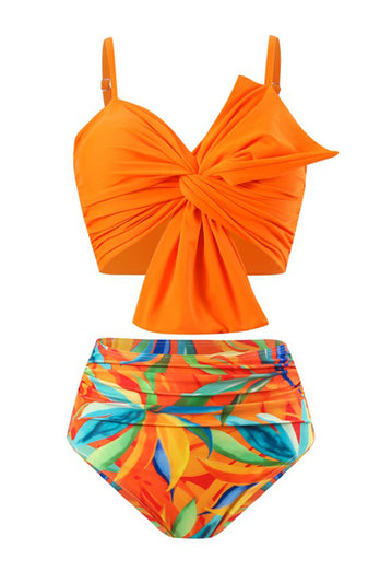 Orange Strand Tropischer Pflanzendruck Vorne Knoten Bikini Set