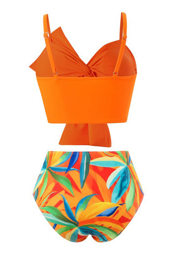 Orange Strand Tropischer Pflanzendruck Vorne Knoten Bikini Set