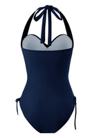Laden Sie das Bild in den Galerie-Viewer, Marineblauer einteiliger Badeanzug mit Kordelzug und gerafftem Kreuz und quer einfarbig
