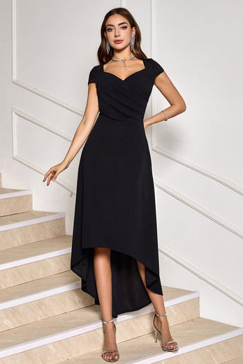 Schwarzes High-Low Cocktailkleid mit V-Ausschnitt und Flügelärmeln