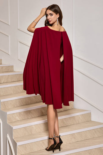 Burgundy figurbetontes schulterfreies Midi-Cocktailkleid mit Cape-Ärmeln