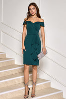 Laden Sie das Bild in den Galerie-Viewer, Dunkelgrünes figurbetontes schulterfreies Cocktail-Party-Kleid mit Rüschen
