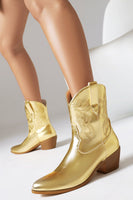 Laden Sie das Bild in den Galerie-Viewer, Goldene Western-Cowgirl-Stiefel mit kleinem Absatz und goldenem Tiefabsatz