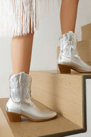 Laden Sie das Bild in den Galerie-Viewer, Goldene Western-Cowgirl-Stiefel mit kleinem Absatz und goldenem Tiefabsatz